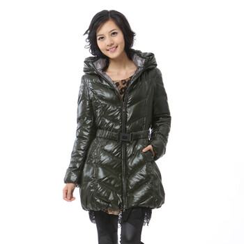 雅鹿 女 时尚双领修身中长款90绒羽绒服 ^@^YM10350 暗绿 175/XXL