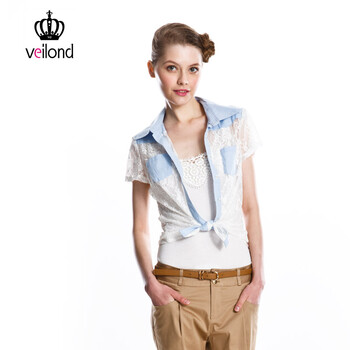 【veilond】伟伦时尚2012夏装韩版牛仔拼接蕾丝衬衫女式1B51381 湖蓝色 L
