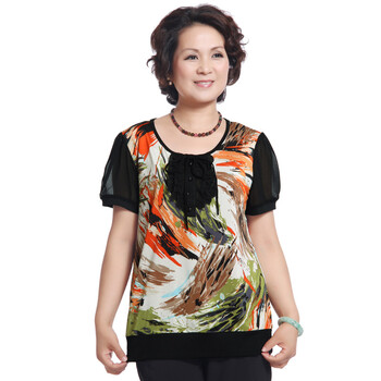 莎瑞 中老年服装品牌女装 短袖T恤圆领花边结带 拼色 XXXXL
