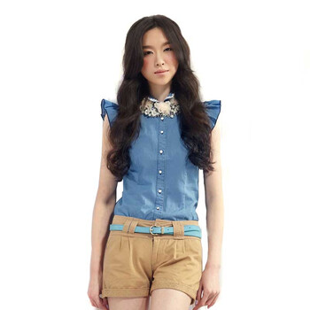 唐狮tonlion女士碎花飞袖衬衫 浅蓝 XS