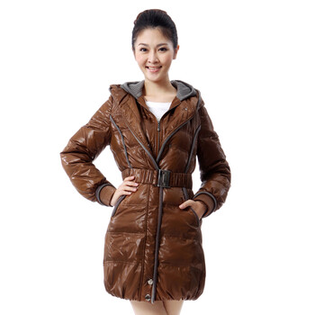 蓝冰 女士 罗纹卷边连帽中长款 羽绒服 ^@^BB65080 棕咖 175/XXL