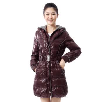 蓝冰 女士 罗纹卷边连帽中长款 羽绒服 ^@^BB65080 威尼斯红 175/XXL