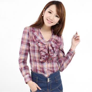 韩都衣舍 韩国2012夏装新款女装荷叶边长袖格子衬衫GJ2098 紫色 L