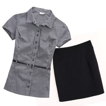 VERI GUDE超值组合： 泡泡袖修身格子衫+包臀一步裙裙 蓝色 XXL