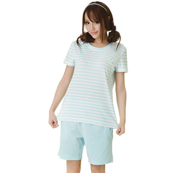 卡绚 keshine 情侣女士家居服条纹套装 女式纯棉睡衣夏季 套头圆领居家服 KSABGR0603 天蓝色LB XL