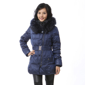 2011 新品 雅鹿 貉子毛 女士双领腰带一手长羽绒服 ^@^YM10370 青宝蓝 175/XXL