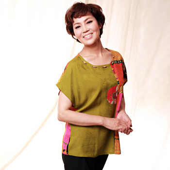 妍昆 中老年女装夏装 拼图妈妈装夏装 民族风中年女装短袖T恤 绿色 3XL