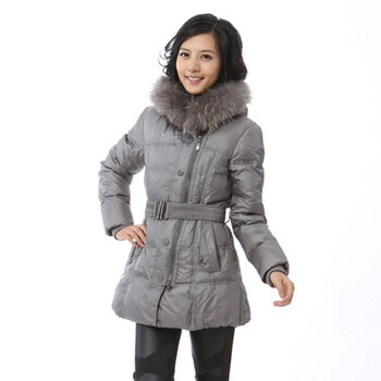 2011 新品 雅鹿 貉子毛 女士双领腰带一手长羽绒服 ^@^YM10370 灰色 175/XXL