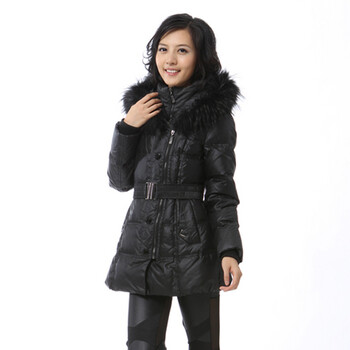 2011 新品 雅鹿 貉子毛 女士双领腰带一手长羽绒服 ^@^YM10370 黑色 175/XXL