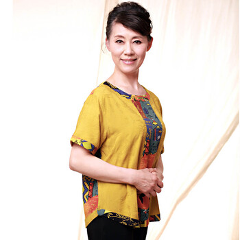 妍昆 中老年女装妈妈装夏装 民族风中老年服饰 新款老年人女装夏装 时尚短款T恤 黄色 3XL