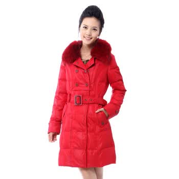 雅鹿 女 貉子毛皮草大翻领长款羽绒服 ^@^YM10750 红色 175/XXL