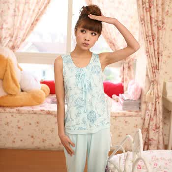 庆同2012春夏新款女针织全棉坎肩睡衣家居服套简约休闲85509 深蓝色 XXL