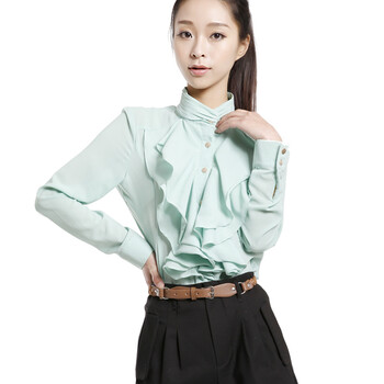 春装新款 长袖荷叶边女士衬衫 OL通勤 气质职业装女装衬衣C12202 绿色 XL