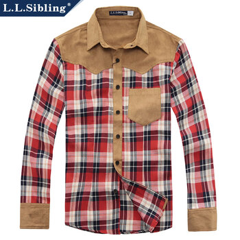 LLSibling 新款男士衬衫 英伦风修身 拼接 格子男衬衫长袖衬衣/127679 红色格 185/100