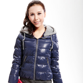 Cilaya/熙兰雅 撞色拉链细格纹轻薄修身短款羽绒服女正品 11206 紫蓝 S