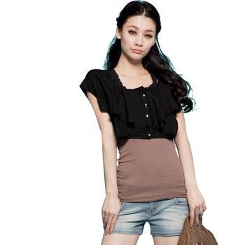 麦考林Jeans 女装 RUBY荷叶边百搭短衬衫 SF127809 黑色70 XL