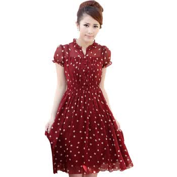 Moneka Beiluji 2012夏款 珑雪纺 中腰短袖连衣裙蝴蝶结圆点印花 女款 MQ1188A 红底杏点 XXL