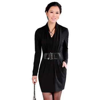 玫斯妮 2012秋装女装修身淑女针织连衣裙11jqyr16 黑色 XL