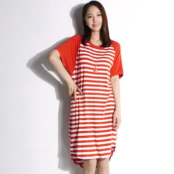 吉思美JSM 2012女夏装新款韩版短袖条纹圆领休闲T恤式连衣裙JK206D007 红色 均码