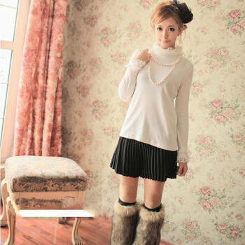 爱衣家族 韩版花边拼接<em>高领</em>纯色蕾丝针织打底