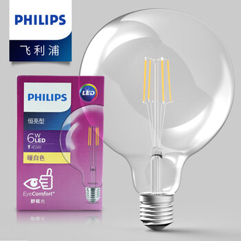 
                                                            飞利浦（PHILIPS） LED复古灯泡 个性复古创意灯丝节能螺口高寿命爱迪生钨丝灯吊灯蜡烛灯椒泡 E27超大球泡-6W 暖白色3000K                