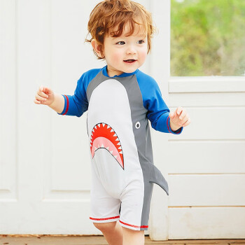 Yinbeler婴儿泳衣连体泳衣蓝鲨鱼宝宝0-4游泳衣小童儿童沙滩冲浪温泉泳装 蓝灰（无帽款） 颜色随机