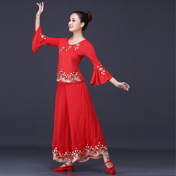 跳广场舞服装女新款2022中老年中国风秧歌舞蹈服扇子舞演出服红色长裤
