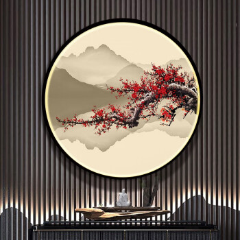 梓朗带灯装饰画玄关圆形挂画山水背景墙入户走廊过道墙壁led发光壁画