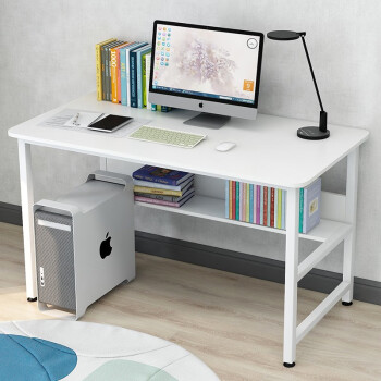 木以成居电脑桌台式 双层书房书桌书架组合简约办公家用写字桌子白色