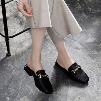 贤语包头平底外穿半拖鞋女秋季低跟方头懒人一脚蹬凉拖鞋特大码41码42