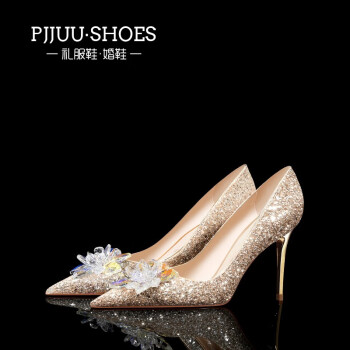 pjjuu婚纱鞋金色水晶高跟鞋女2020年新款细跟性感婚鞋新娘单鞋夏金色