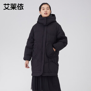 艾莱依商场同款冬季时尚保暖羽绒服女连帽厚炭黑155