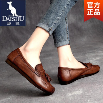 袋鼠(daishu)2022新款眞皮女鞋复古鞋子手工软底平跟豆豆单鞋中老年