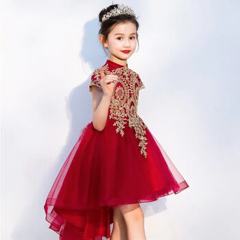 2021春夏小女孩生日中国风蓬蓬裙红演出晚礼服酒红色前短后长包肩160