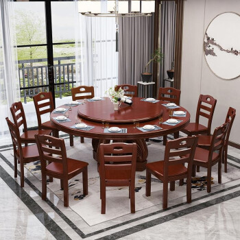 新中式餐桌椅实木圆形餐桌椅组合带转盘中式家用饭店餐馆810人经济型