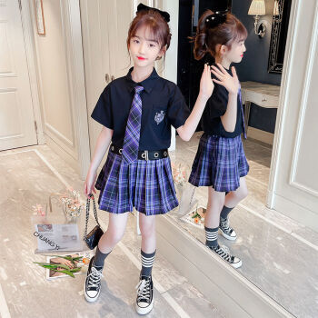 女童jk套装新款夏装女孩校服儿童日系学院风百褶裙两件套 黑色衬衫