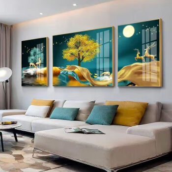 装饰画晶瓷画北欧客厅沙发背景墙挂画现代简约三联镶钻壁画 金鹿送福