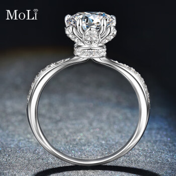 moli莫桑钻石戒指女18k金求婚结婚戒1克拉50分六爪花朵花瓣碎钻满钻