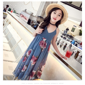 连衣裙夏装2021新款儿童露背长裙女孩雪纺吊带裙子沙滩裙天蓝色140cm