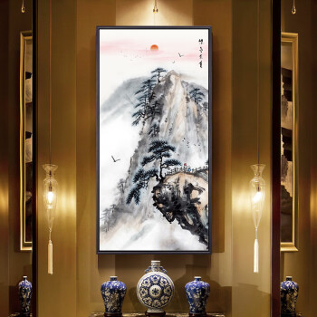 迎客松挂画新中式玄关画油画中国风山水风景竖版画玄关装饰走廊过道