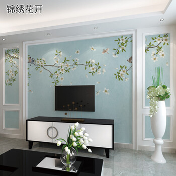 现代装饰壁画大气3d墙布墙纸5d立体壁布8d客厅影视墙美式花鸟电视墙画