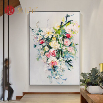 装饰画玄关走廊过道竖版花卉牡丹挂画别墅酒店办公室背景墙定制手工画