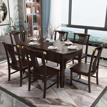 趣芬新中式实木餐桌椅组合圆形现代简约家用可伸缩折叠6人8人吃饭桌子
