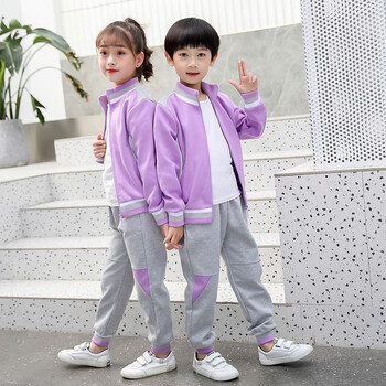 幼儿园园服春秋装三件套紫色马甲小学生班服秋冬季运动服校服套装紫色