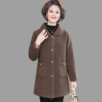 女装加绒加厚仿羊羔毛大衣妈妈装冬装颗粒绒中长款外套深咖色不加绒xl