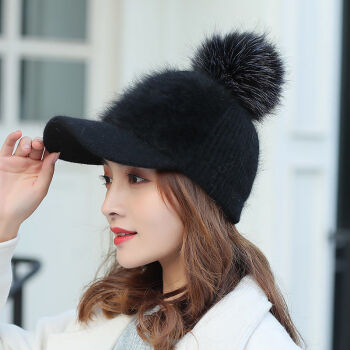 韩版秋冬天女士可爱仿兔毛纯色鸭舌帽冬季保暖针织毛线棒球帽子黑色