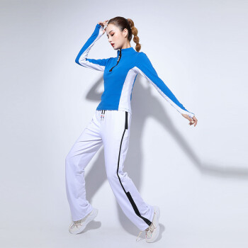 新款广场舞服装运动套装女加绒跳健身操舞蹈练功服团体蓝长袖上衣白裤