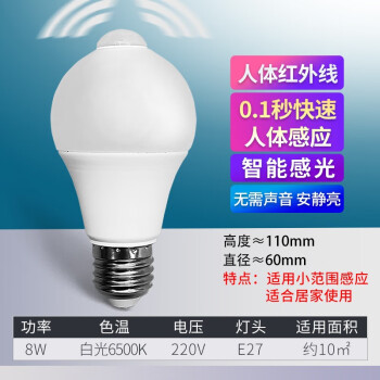 格润莱特雷达人体感应灯泡E27螺口球泡8W