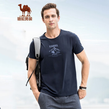 骆驼（CAMEL）男装 夏季青年圆领字母印花微弹休闲短袖t恤衫男上衣 宝蓝 XL