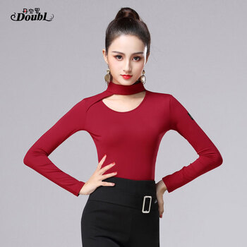 舞上衣女舞蹈国标舞衣练功服摩登女装交谊 女士(前空后开高领)枣红色